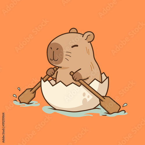 A playful vector illustration of a capybara rowing on a cracked eggshell boat while crossing a river.
