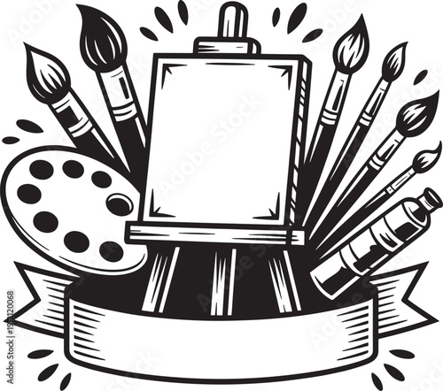 Artist tools with easel and paintbrushes