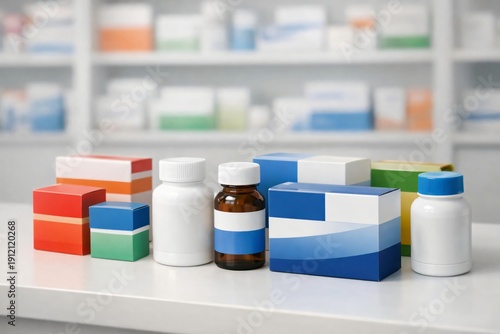 Modern Pharmacy Counter with Generic Medicine Bottles, Pharmacy Service Desk, Prescription Pickup Concept at Pharmacy Counter, Pharmacy Counter Background.
