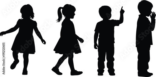 Children silhouettes collection, playing kids vector illustration, little boys and girls black figures, happy childhood activity design element.