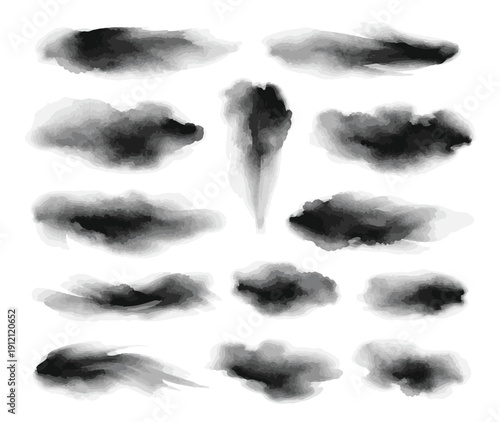 Set of black watercolor brush strokes, ink wash textures and smoky artistic paint splashes isolated on white background