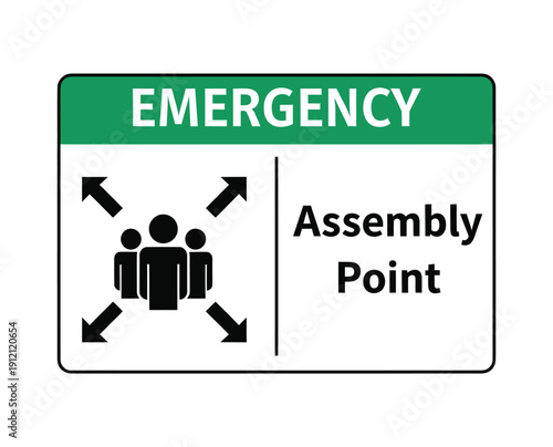 Emergency Assembly Point sign with a graphic of people and arrows, indicating a safe gathering area during an emergency evacuation.