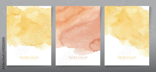 Collection of three elegant watercolor background designs featuring soft washes of golden yellow and warm coral hues for artistic impact.