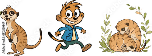 Cute meerkat cartoon characters and black silhouettes set featuring suricates standing, running, reading books, and peeking from burrow for children design