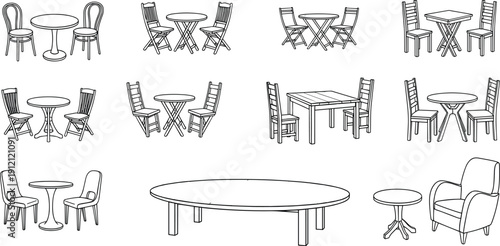 Modern Furniture Line Art Illustration, Cafe Table and Chair Sets, Outdoor Patio Seating, Interior Design Dining Furniture, Minimalist House Decor Sketches Vector