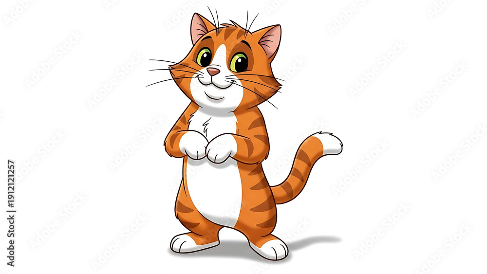 Obraz premium Orange and white cartoon cat standing isolated on a transparent background
