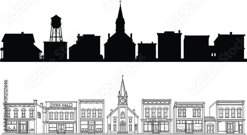 Small town main street skyline with historic buildings water tower and town hall black silhouette vector illustration