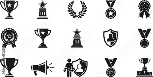 Award trophy medal badge and shield icon set black silhouette vector collection for achievement recognition and competition design