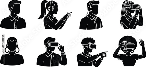 Diverse group of people silhouettes wearing virtual reality headsets and interacting with technology in a modern setting