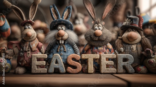 Vier lustige Gestalten hinter großen Buchstaben welche das Wort Easter bilden.