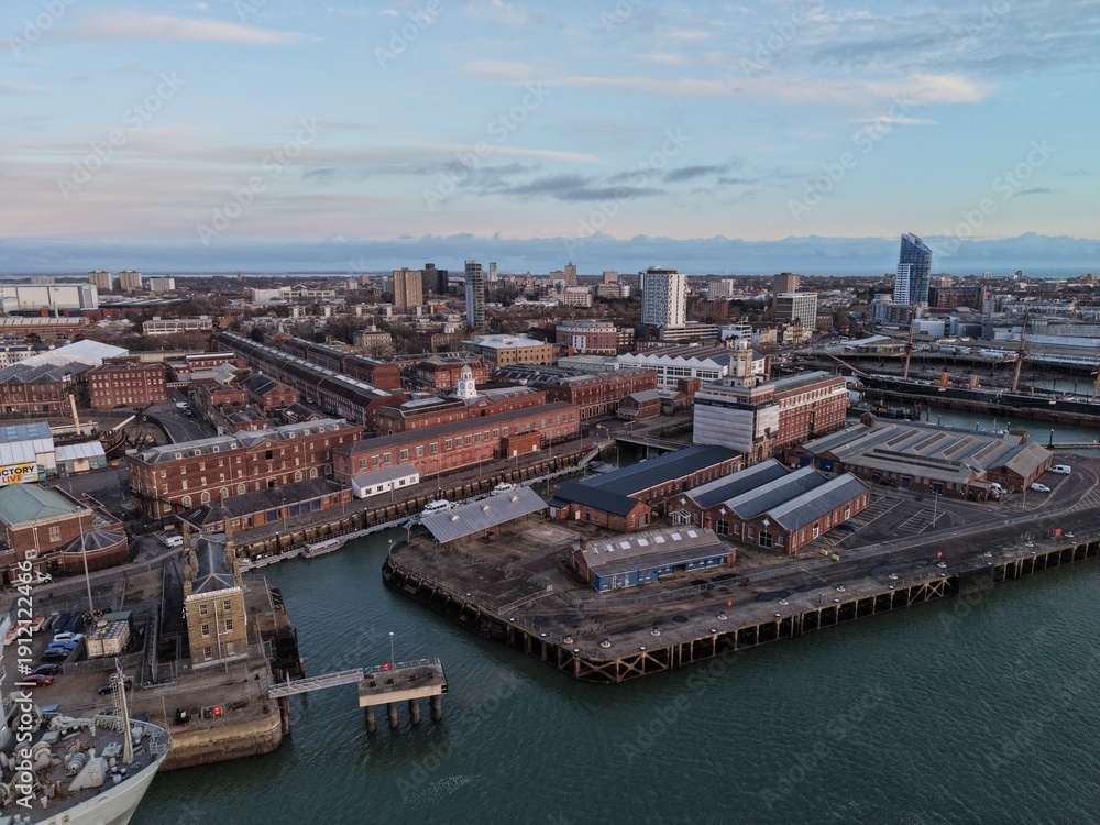 Fototapeta premium Portsmouth historic naval dockyard UK drone,aerial Goleden hour