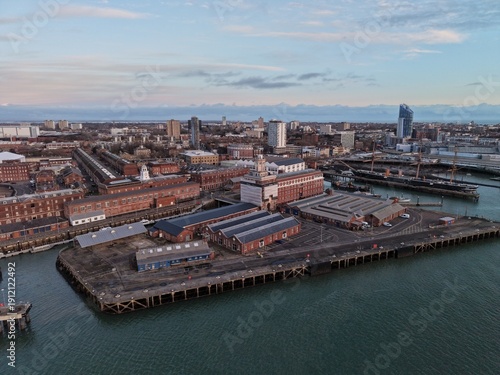 Portsmouth historic naval dockyard UK drone,aerial  Goleden hour