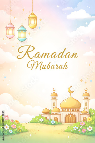 Ramadan Mubarak Greeting Card with Golden Mosque and Hanging Lanterns