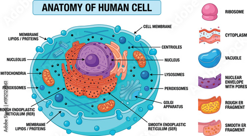 Human cell anatomy diagram with labeled organelles — perfect for biology education, classroom posters, and science learning illustrations