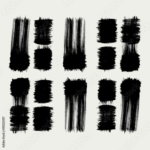 Paint splash splatter ink brush blobs set. Brush paint stroke set, Dry brush texture. Grunge paint lines, rough drawn elements. Dirty liquid spots, rough dust, grain pattern 