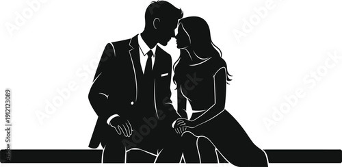 Romantic couple silhouettes sitting together in intimate pose isolated black vector illustration on white background