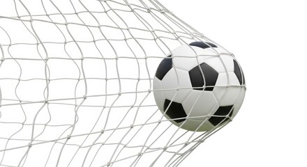 A soccer ball hits the back of the net