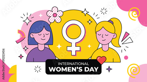 International Women's Day vector illustration, smiling cartoon women with gender symbol and colorful celebration elements