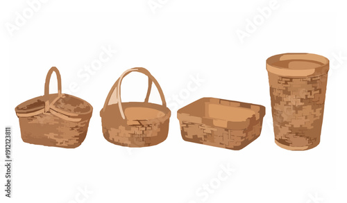 Cartoon wicker picnic baskets and empty woven gift hampers vector set isolated on white