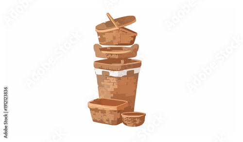Handmade wicker and rattan basket set with empty picnic and storage containers vector