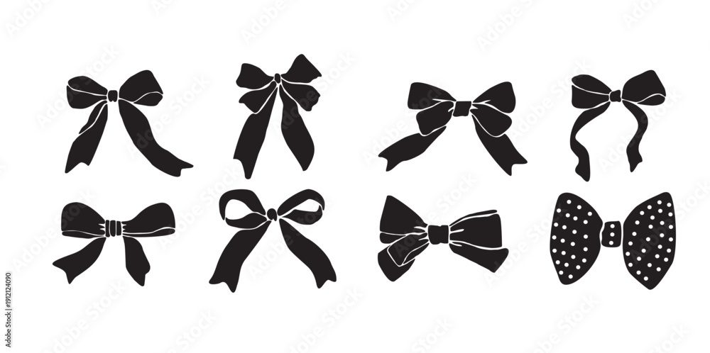 Fototapeta premium Set of black ribbon bow outline icons for holiday signs branding logos packaging and craft cut files isolated on transparent background