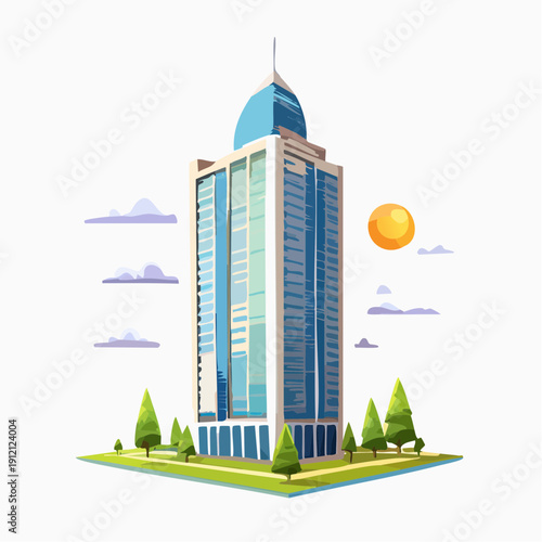 Modern skyscraper with blue glass facade and dome shaped roof.