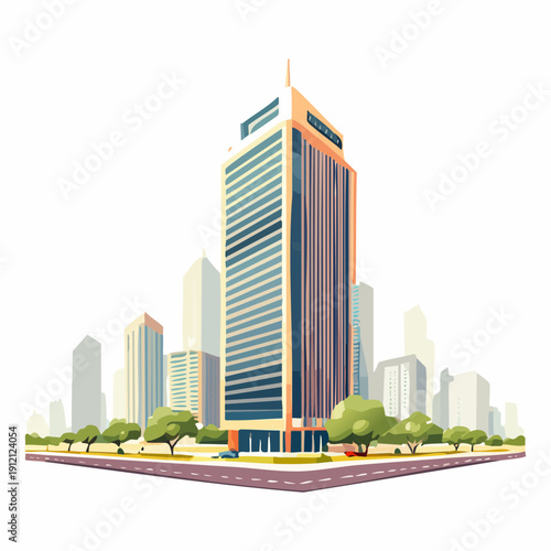 Modern skyscraper in a cityscape with trees and urban landscape.