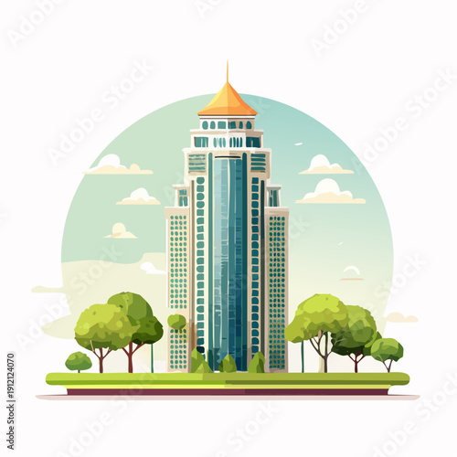 Modern skyscraper with golden roof and green surroundings.