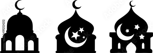 Mosque dome silhouettes with crescent moon and stars symbols