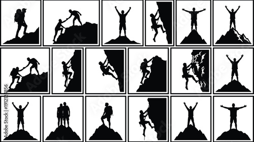 Mountain climbing silhouette vector set with hikers and summit scenes—ideal for adventure design, motivational artwork, outdoor branding, and nature-themed illustrations.