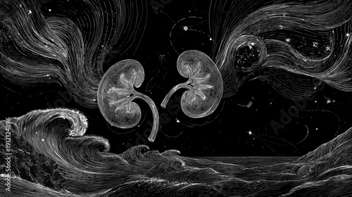 Stylized Glowing Human Kidneys Line Art Medical Background for Nephrology Awareness Poster and Healthcare Presentation Design