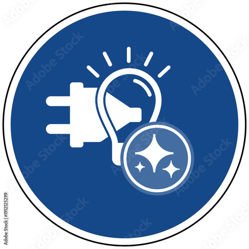 Blaues Schild Energie und Strom mit KI Symbol für intelligente Beleuchtung und Smart Grid Vektor