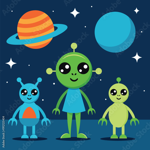 Cute cartoon Aliens in space in flat style