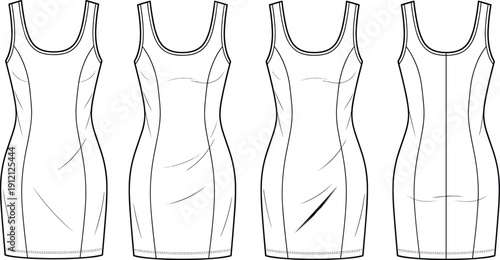 Sleeveless fitted dress technical drawing vector set, front and back views with princess seams and dart variations