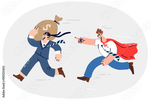 Thief with bag of money runs away from superhero trying to stop bank robbery and save savings