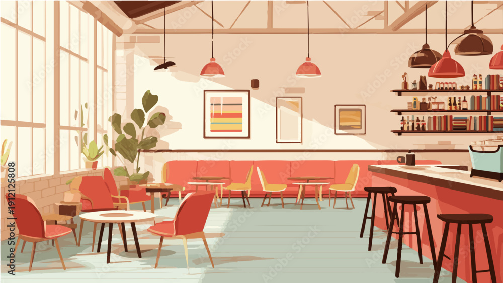 Obraz premium Modern cafe interior with flat design style, relaxed atmosphere and natural lighting.