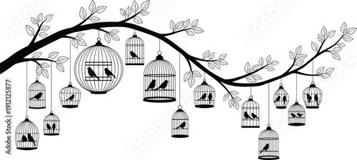 Decorative tree branch with hanging bird cages silhouettes isolated black vector illustration on white background