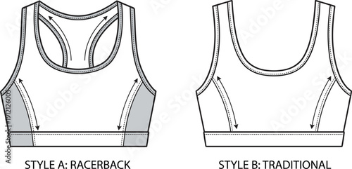 Sports bra technical drawing vector set, racerback and traditional styles with support zone indicators