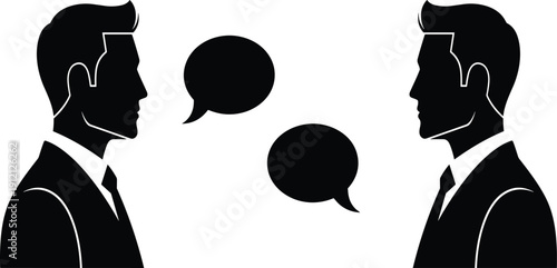 Two businessmen in profile facing each other with speech bubbles indicating conversation and communication in a minimalist black and white style