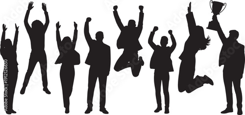Silhouettes of business people celebrating, man and woman jumping and cheering in celebration, isolated on white background, representing success, freedom, and happiness.