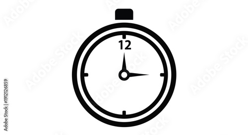 Simple black and white illustration of a stopwatch or timer with the number twelve visible