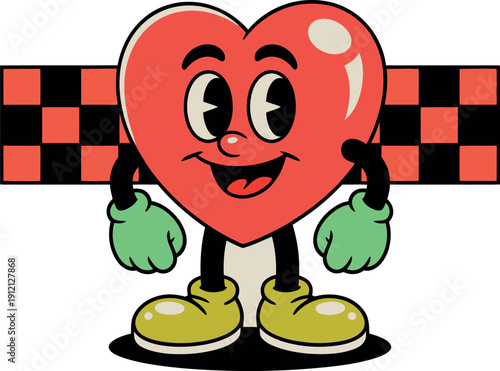 Whimsical retro heart mascot character with a cheerful expression stands proudly before a classic checkered flag, embodying joy and achievement