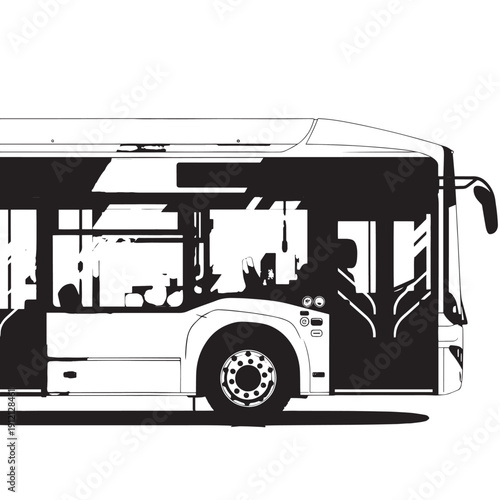 Silhouette of a modern city bus in bold black and white side view.
