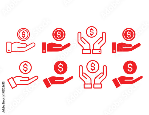 Money in hand icons set. Save money sign. Cash, loan, coin, dollar, saving, budget, earning money, revenue symbol. Hands holding dollar coin flat and line style - stock vector.