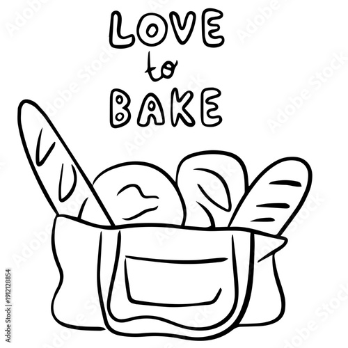 Hand Drawn Canvas Bag with Bread and Love to Bake Lettering Doodle
