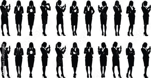 Businesswoman silhouettes using smartphone in various poses isolated black vector illustration set on white background