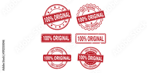 Collection of red 100 percent original stamp and seal icons isolated on white background