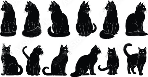 Cat silhouette illustration set, twelve black icons varied poses sitting standing turning feline animal design, vector artwork, pet and lifestyle theme, isolated background