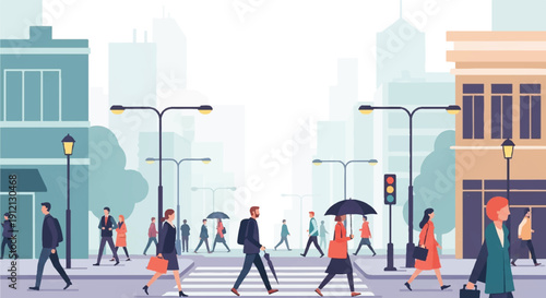 People bustle on city street amid business architecture, white‑blue‑orange illustration, daytime view