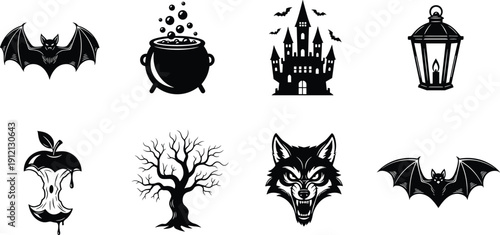 Halloween silhouette illustration set, eight black icons bat cauldron haunted castle lantern apple tree wolf spooky design, vector artwork, holiday and celebration theme, isolated background